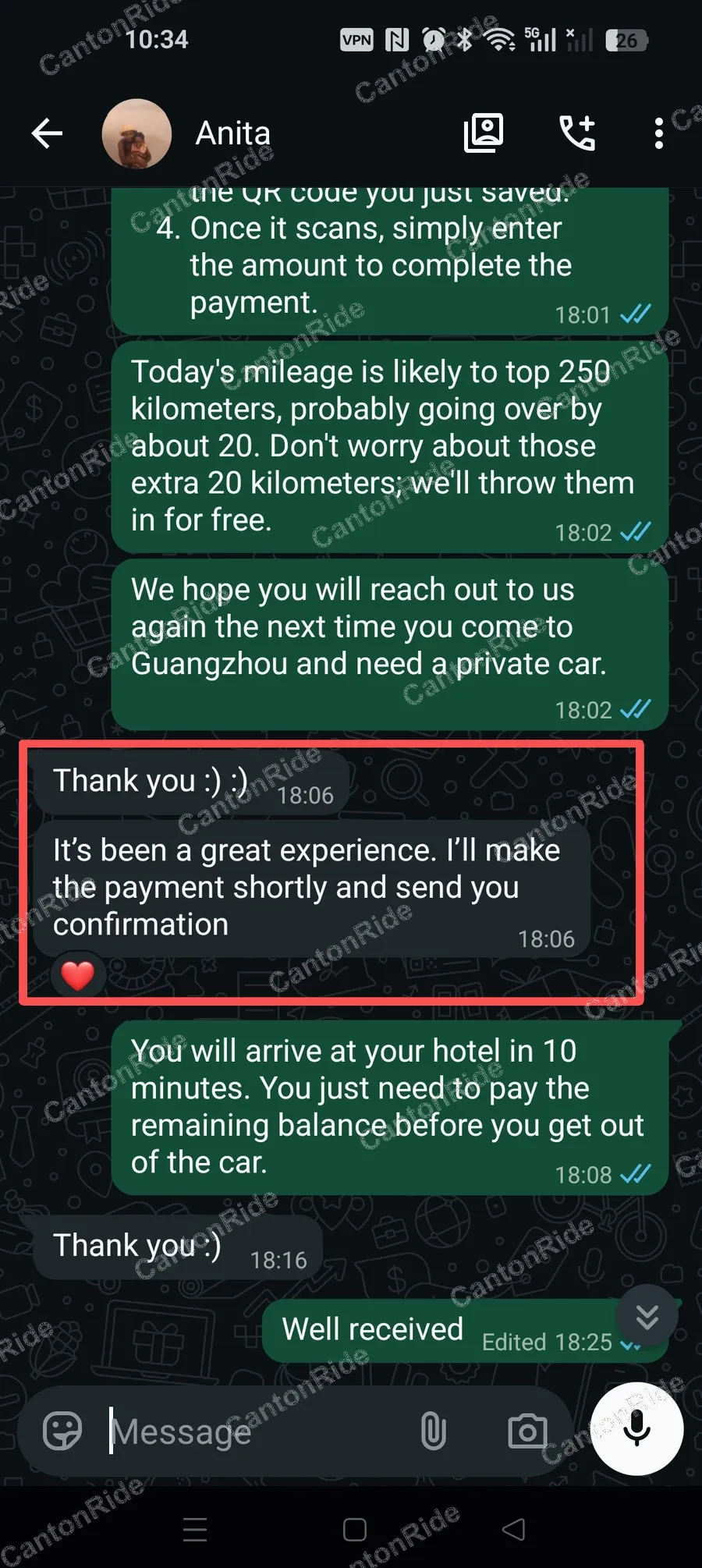 WhatsApp conversation with Anita from United Kingdom: An airport pickup for two travelers followed by a customized sourcing trip to a resin decoration supplier and Louvre Furniture Mall in Foshan before returning to their Guangzhou hotel