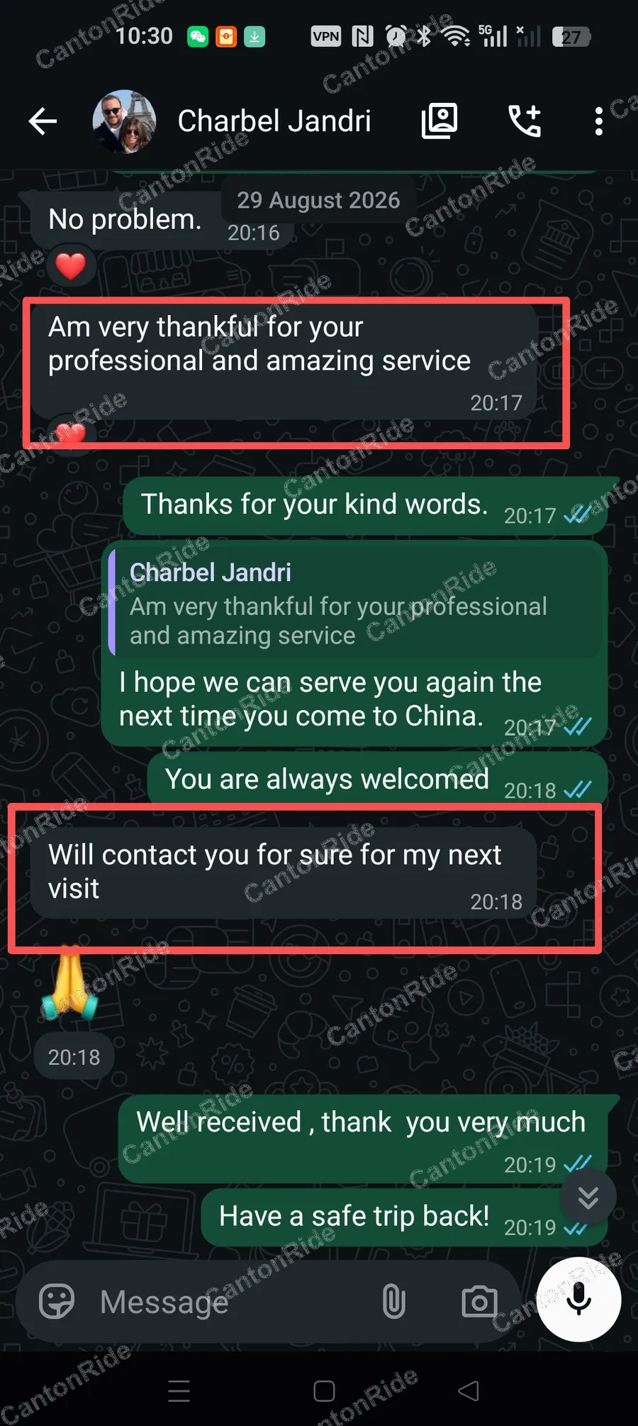 WhatsApp conversation with Charbel from Qatar: An airport transfer from Guangzhou to Shenzhen followed by three days of private chauffeur service for business meetings, factory visits and sightseeing, ending with a transfer back to Guangzhou Baiyun Airport