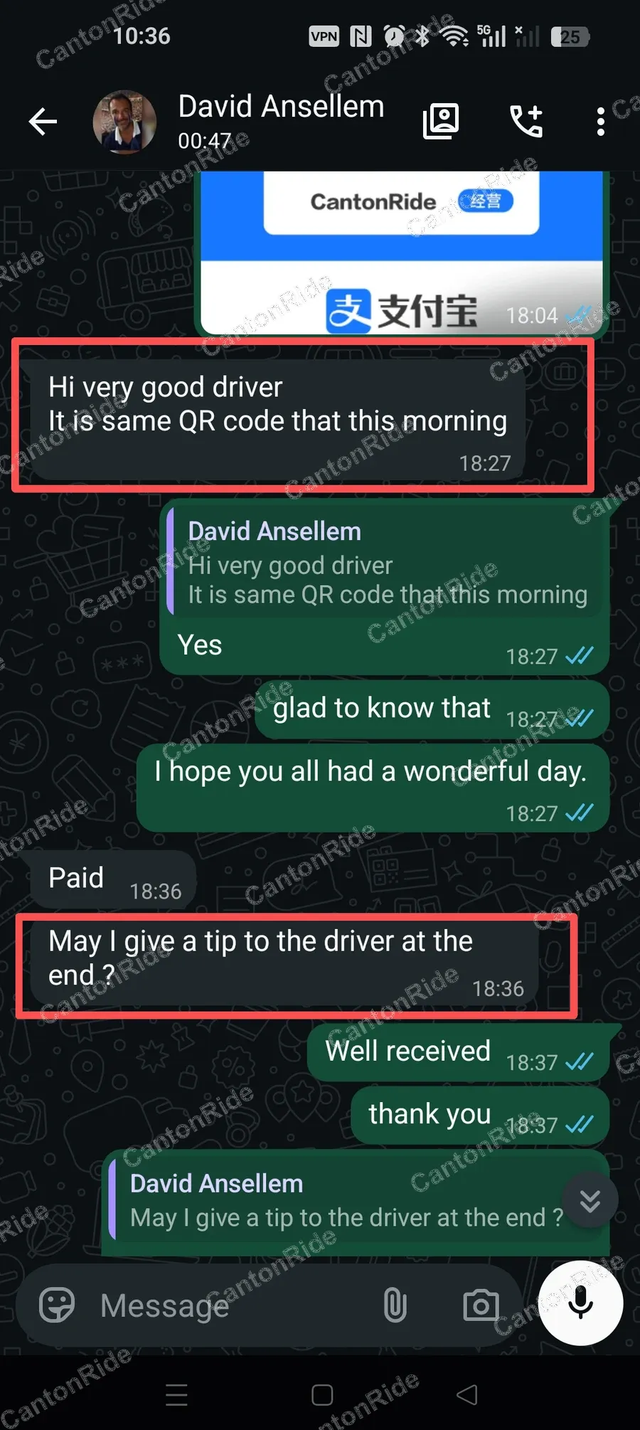 WhatsApp conversation with David from France: A full-day private Guangzhou to Shenzhen day trip for eight travelers in a 9-seater van, visiting Shenzhen Library North, the DJI area, a Robotaxi experience, Orbit One robot restaurant and Shenzhen Bay Park before returning to Guangzhou