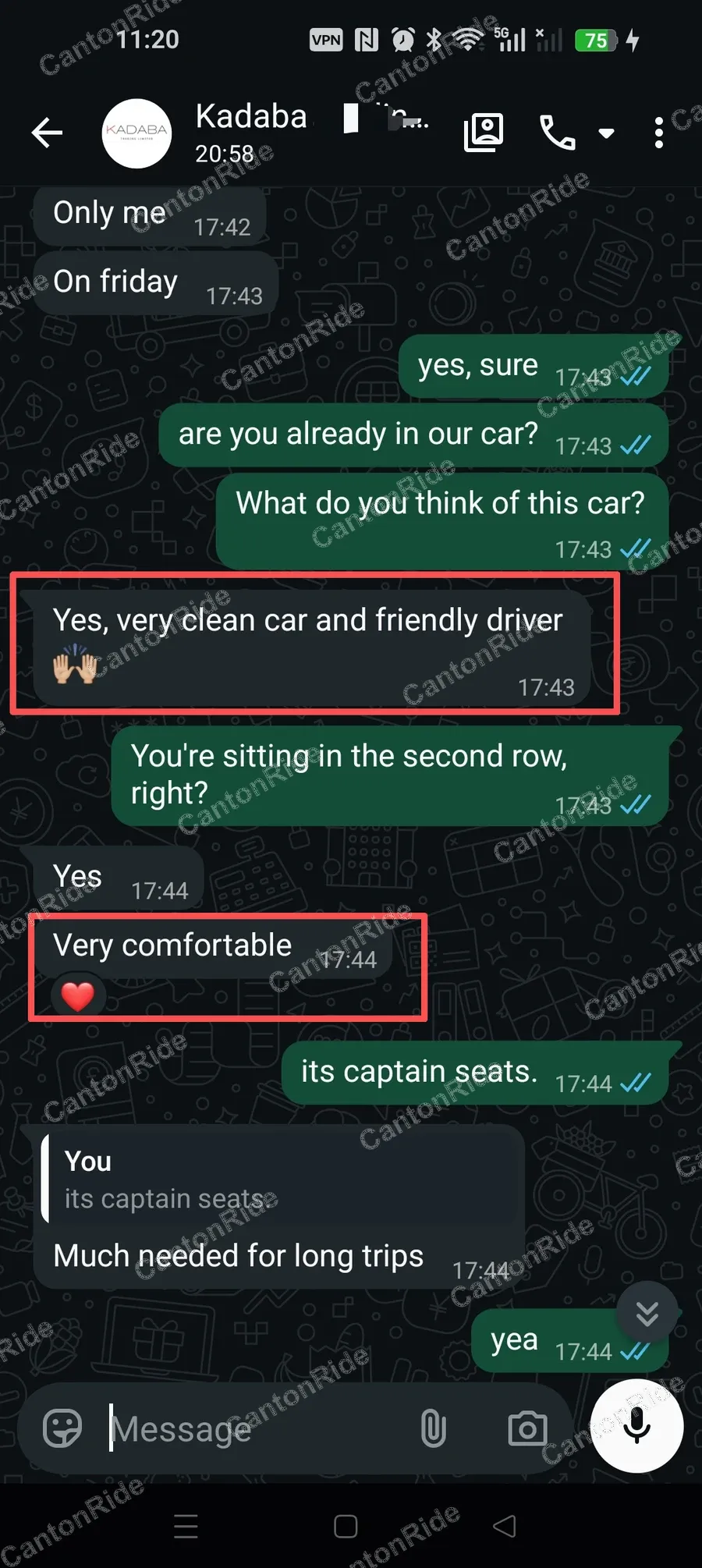 WhatsApp conversation with Kadaba from United Kingdom: Solo passenger riding in the second row of an MPV fitted with captain seats on a long-distance trip