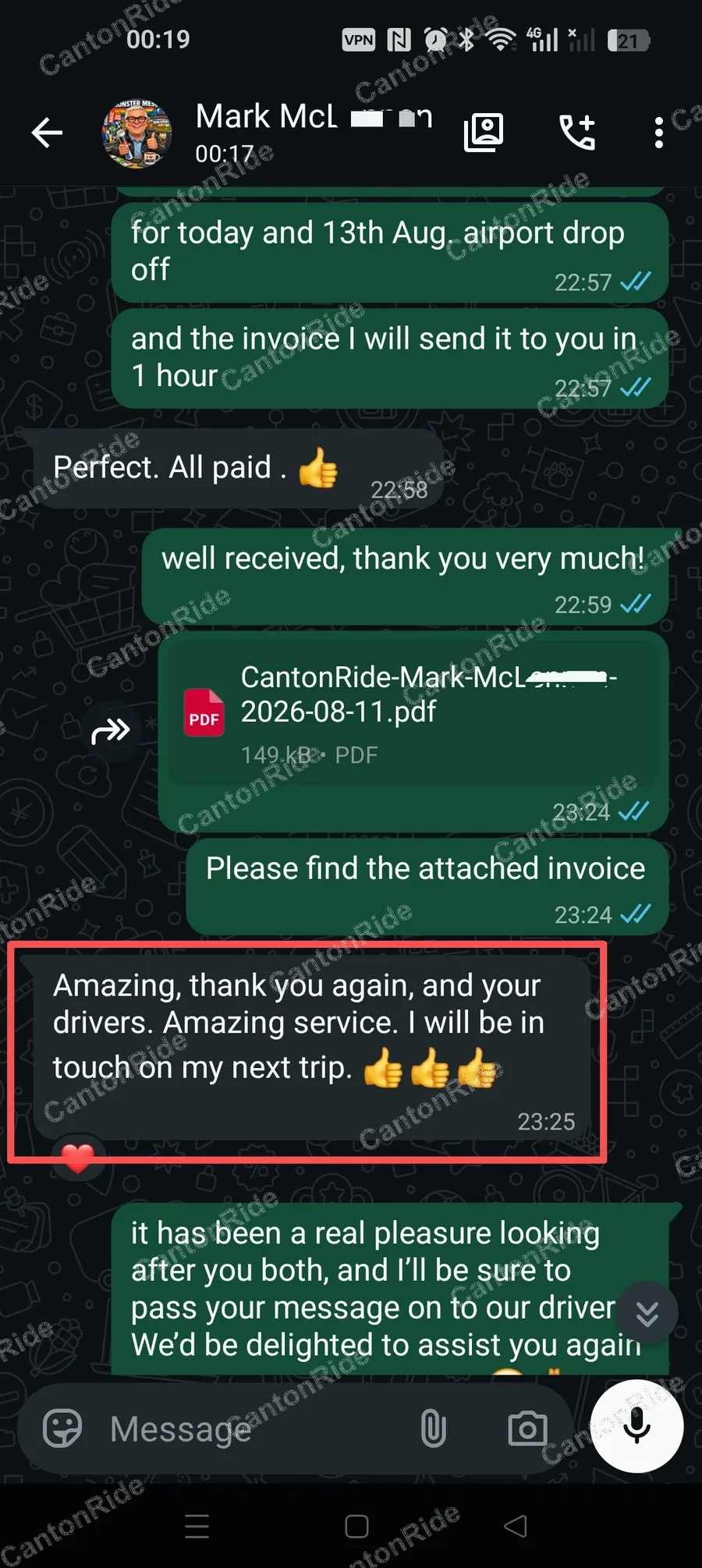 WhatsApp conversation with Mark from United Kingdom: Multi-day car hire in Guangzhou ending with an airport drop-off, invoiced after the trip