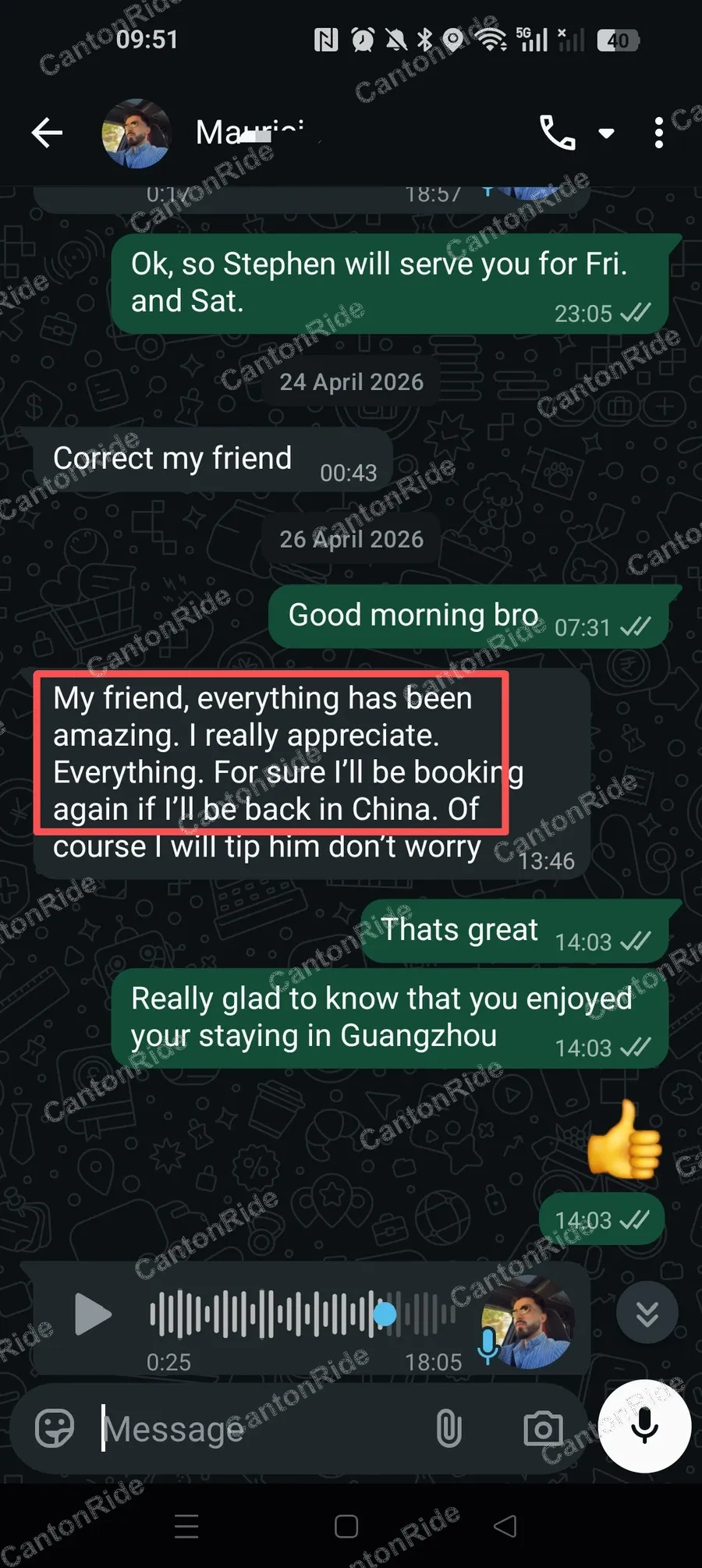Conversation with Mauricio after their CantonRide trip