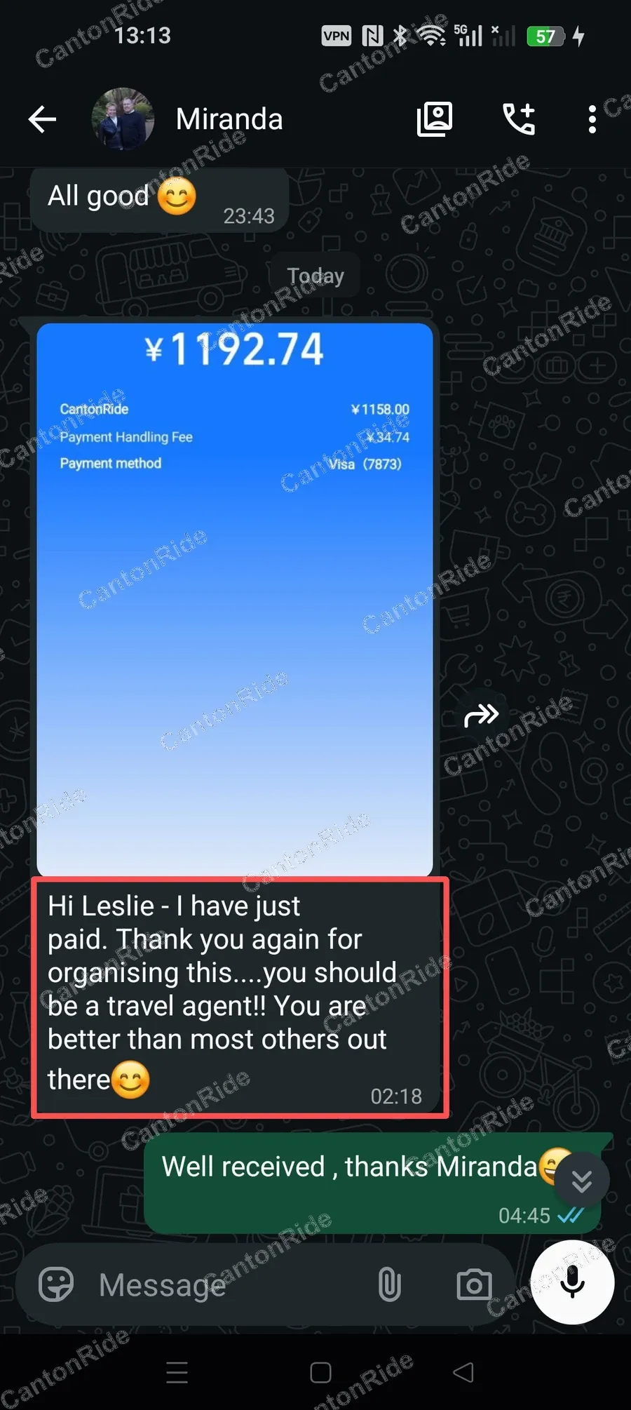 WhatsApp conversation with Miranda from Australia: Private transfers for two travelers on a 32-hour Guangzhou stopover, from Baiyun Airport to Shangri-La Guangzhou and back the next evening, plus help booking business-class high-speed rail tickets to Guilin during the National Day holiday and getting from the airport to the railway station