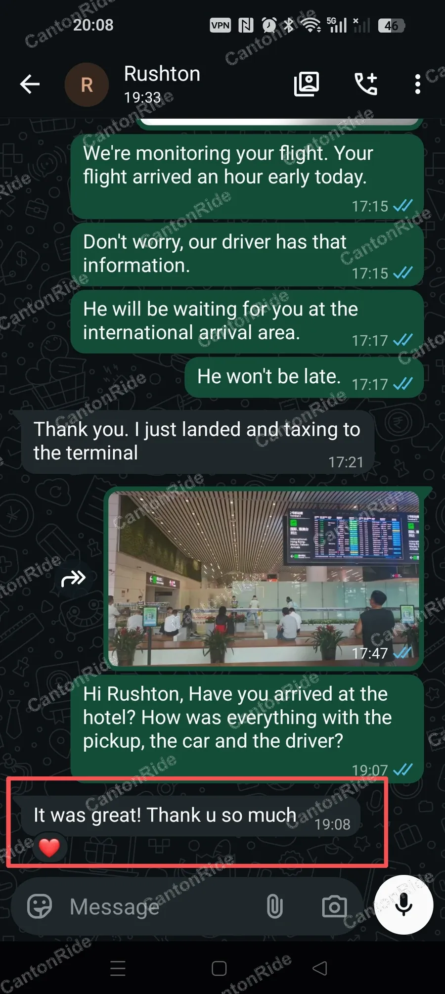 WhatsApp conversation with Rushton from Australia: The flight landed an hour early, and the driver was already waiting at the Terminal 2 international arrival area before the plane reached the gate