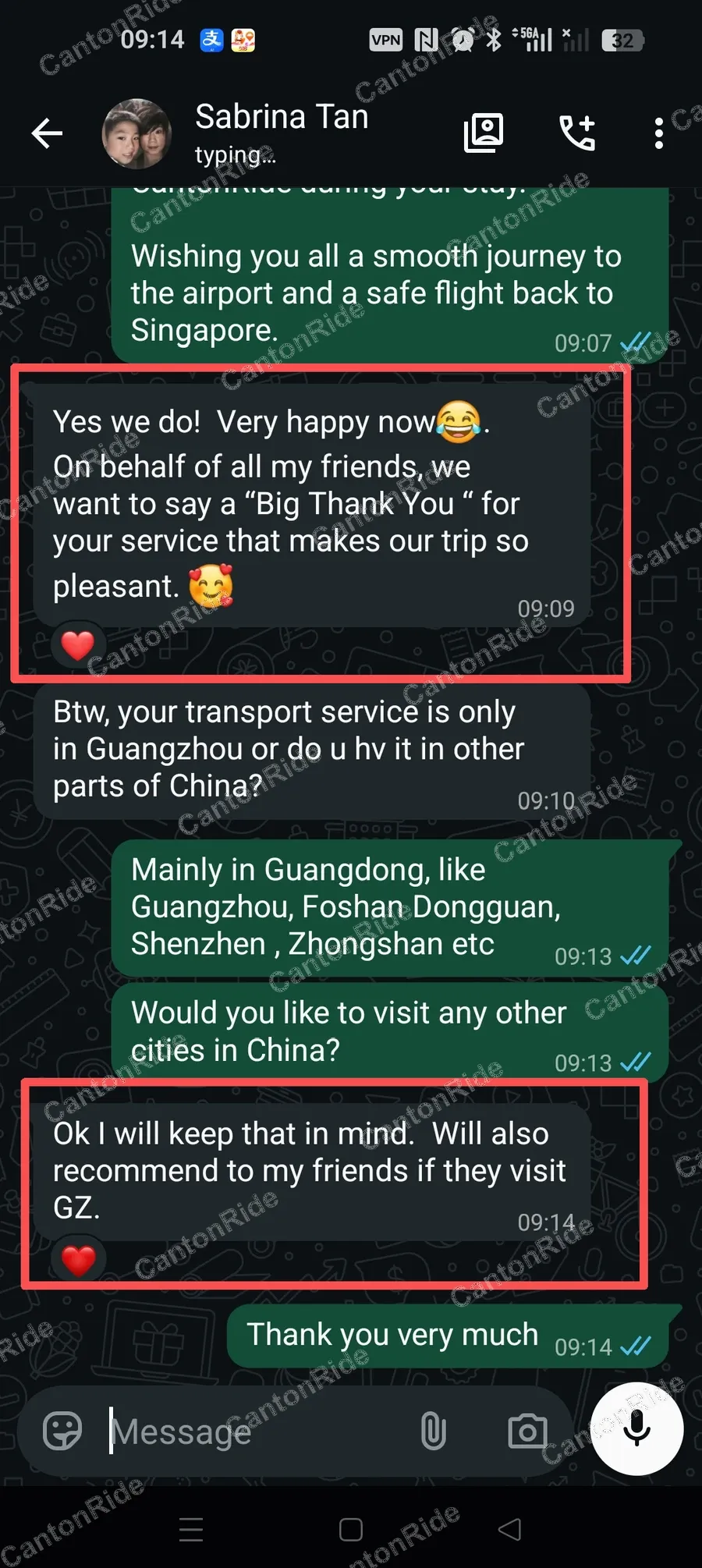 WhatsApp conversation with Sabrina from Singapore: Four days of private transport in Guangzhou for eight travelers from Singapore, covering airport pickup and drop-off, dim sum and shopping at Beijing Road, Baima Market and Wanguo Outlet