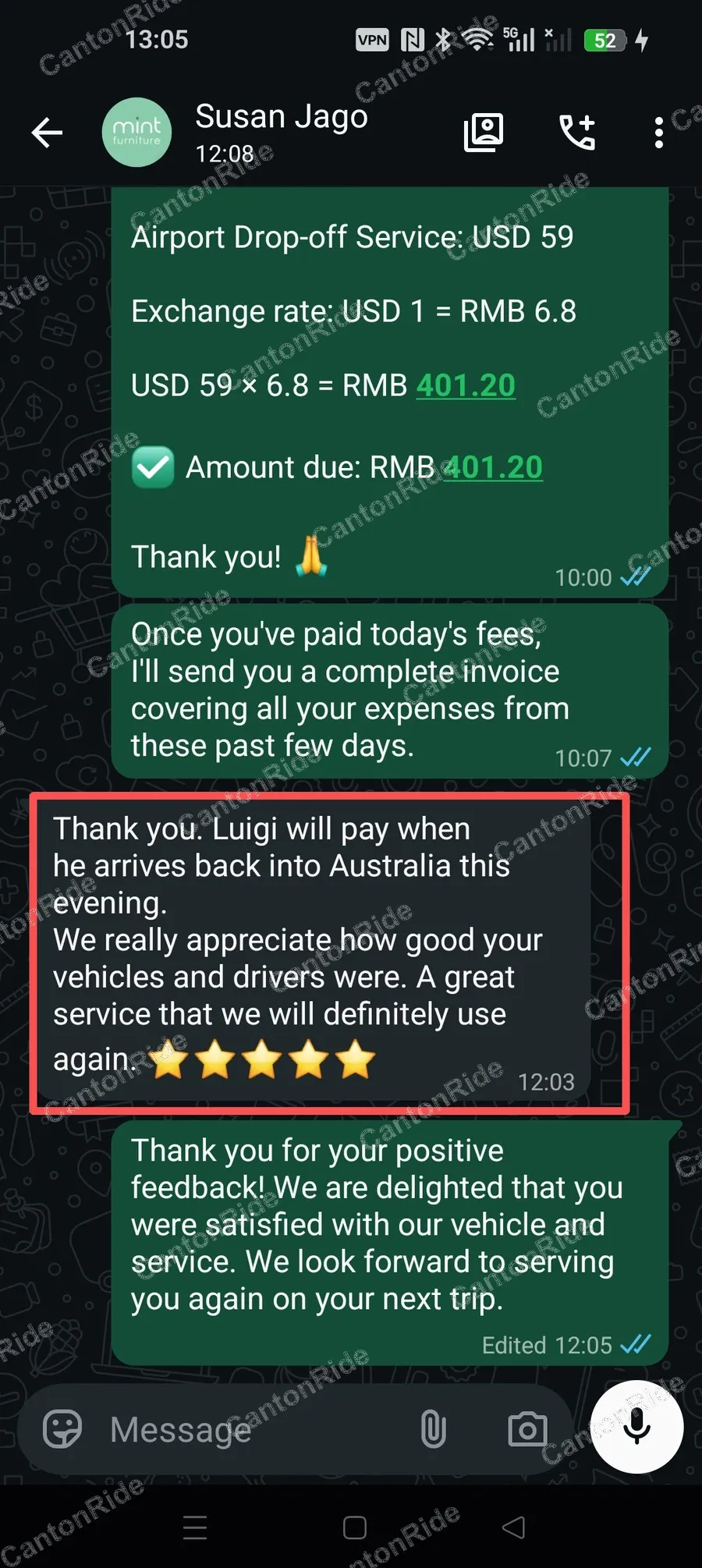 WhatsApp conversation with Susan from Australia: A multi-day furniture sourcing trip in Guangzhou and Foshan, with airport transfers and several days of private car and driver service between the hotel and factories, including a 7-seat premium MPV for the longer factory trips