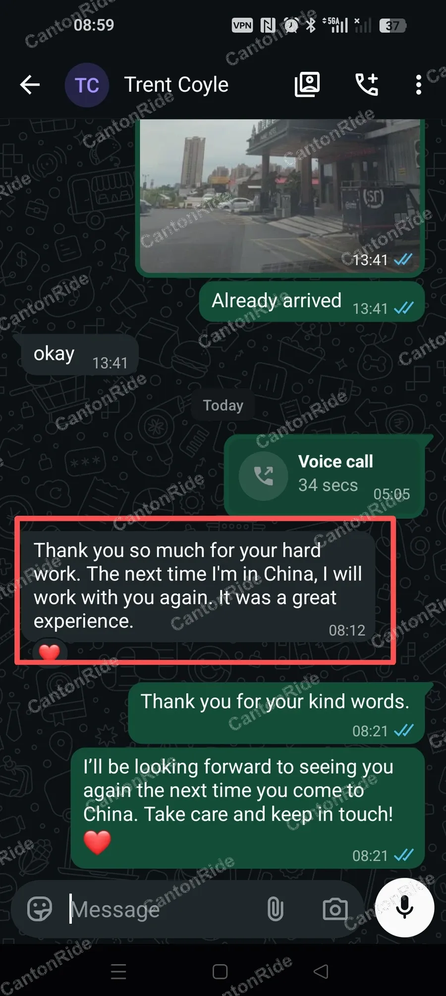 WhatsApp conversation with Trent from United States: A multi-leg business trip with cross-border pickup from Hong Kong International Airport to Zhuhai, an on-site factory visit with the driver waiting, and an early-morning MPV transfer from Zhuhai to Guangzhou Baiyun International Airport